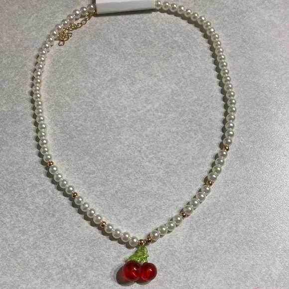 Elegant Pearl Necklace with Cherry Pendant - Picture 1 of 7
